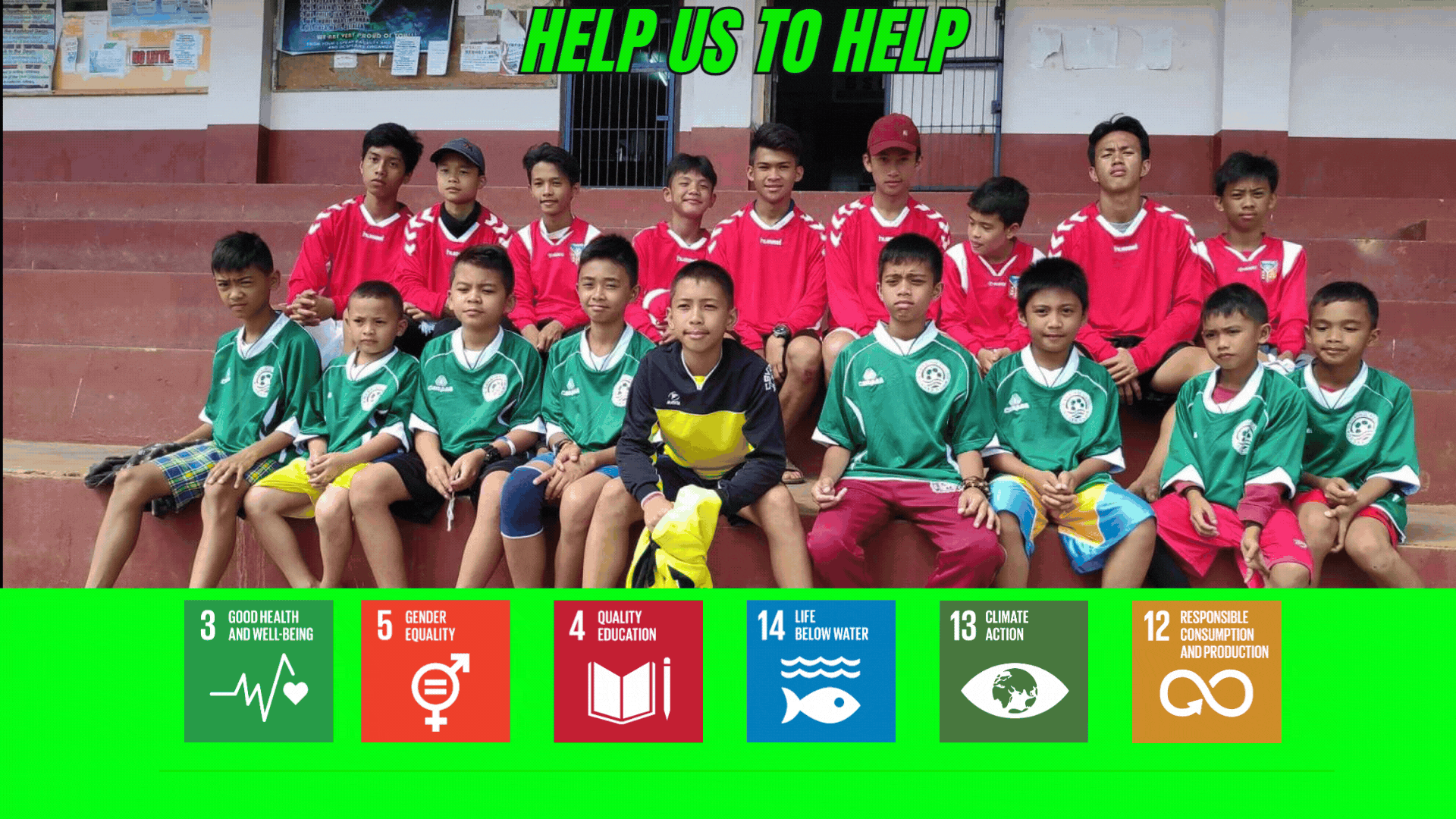 A DonatIon of football kits from kits for the world to charity called Football for humanity from Kits for the world and support to help support the work of football for humanity. The image is of a team of young football players on steps with the donated football kits on from kits for the world. The image also has the SDG infoprapics 3, 5, 4, 14, 13, 12