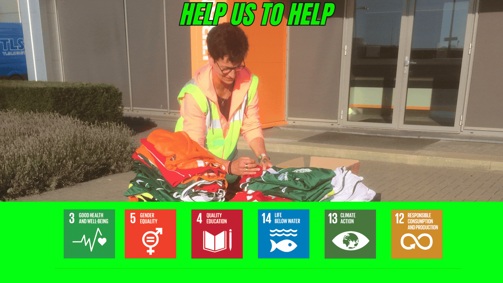 A kits for the world helper sorting out football kits with infographics of the SDG 3,4, 5, 14, 13, 12