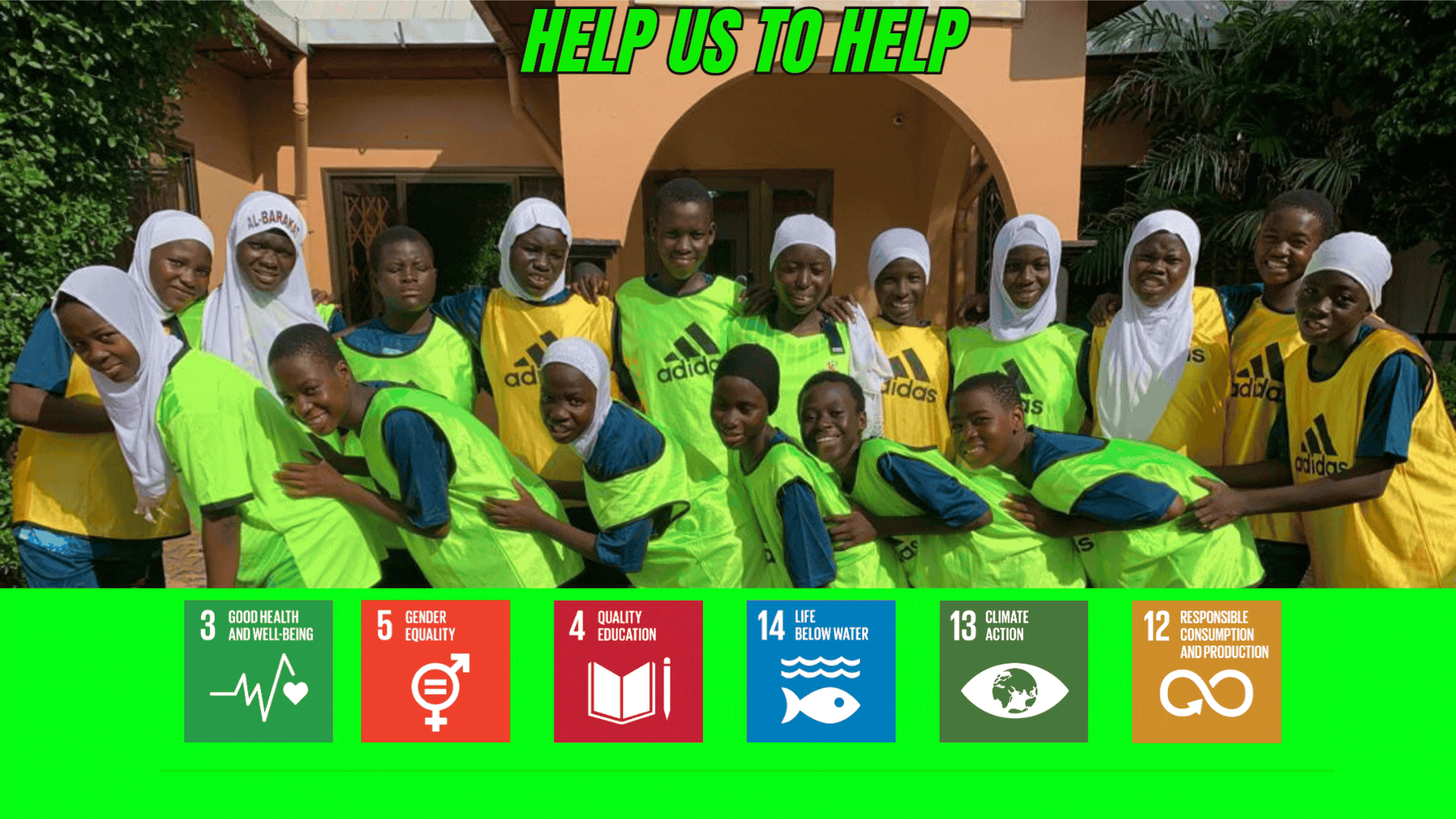 image of a kits for the world project showing young women with football kits on from kits for the world adidas training vests. with SDG infographics 3, 5, 4, 14, 13, 12.