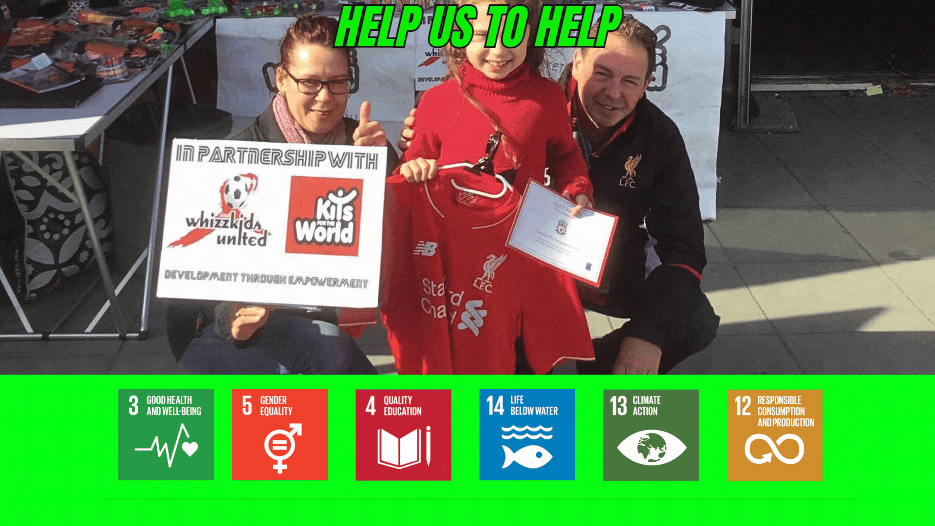 Young girl holding a donated Liverpool FC football kit alongside representatives from Kits for the World and Whizzkids United, promoting football kit donations for community development.