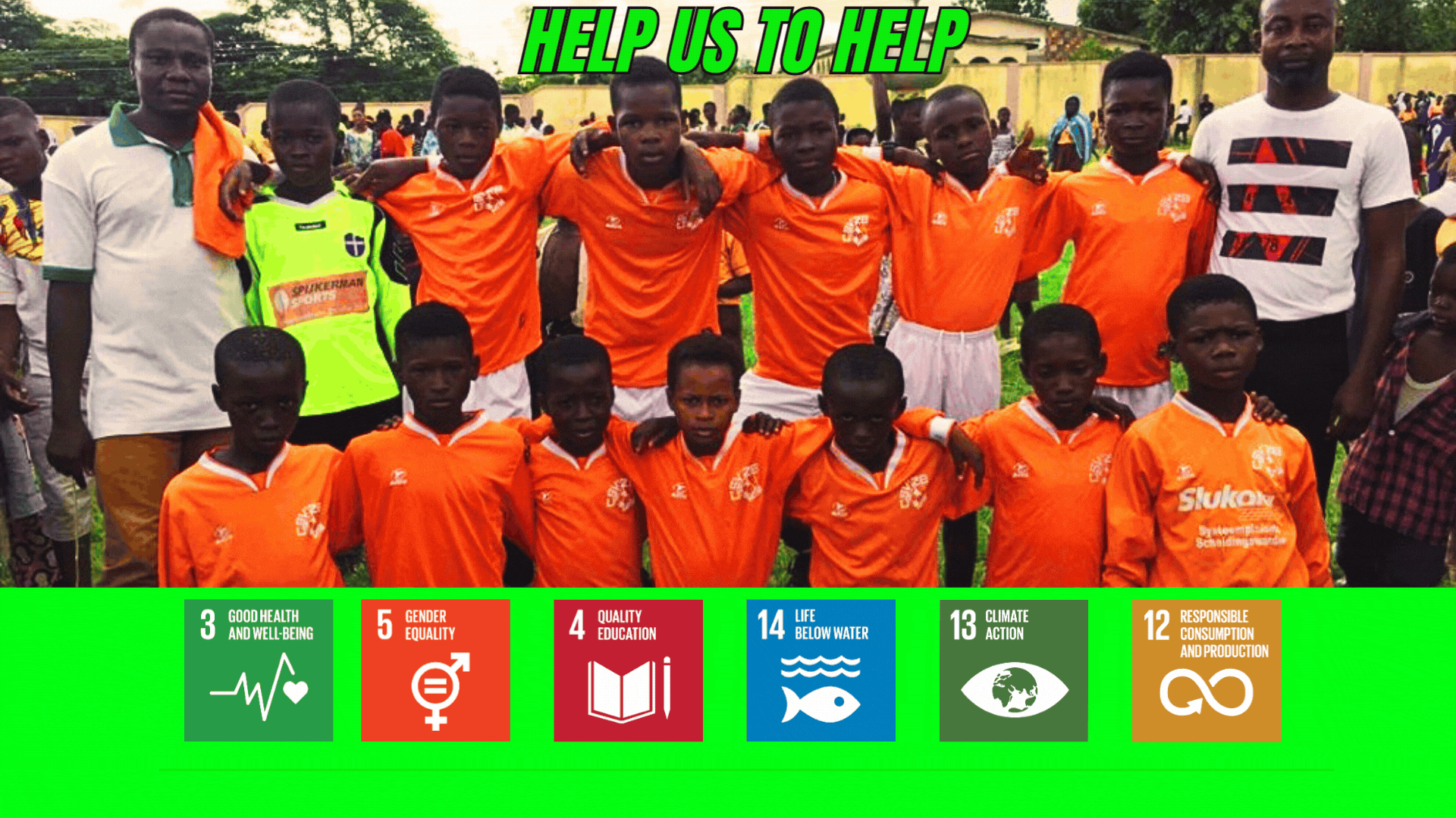 A colorful photo and showing young males with donated football kitsinfographic with the title "Help Us to Help Kits for the world highlighted. It features icons related to environmental and social issues, such as good health, gender equality, quality education, climate action, and responsible consumption and production. The phrase "Come Join the Reuse Revolution" is also included.