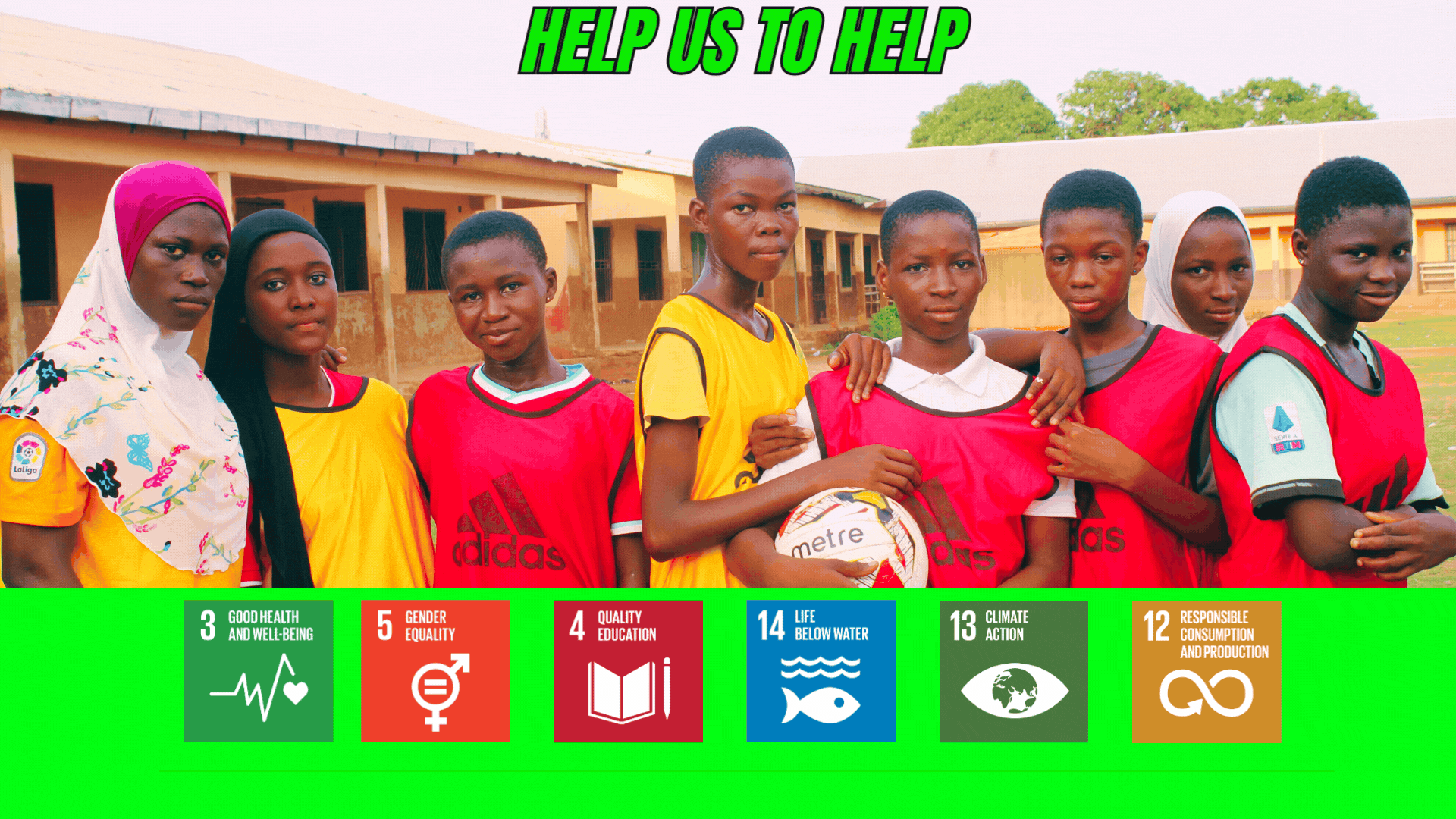 "Group of young female football players wearing donated kits on a school field, showcasing the impact of football kit donations on empowering youth through sports