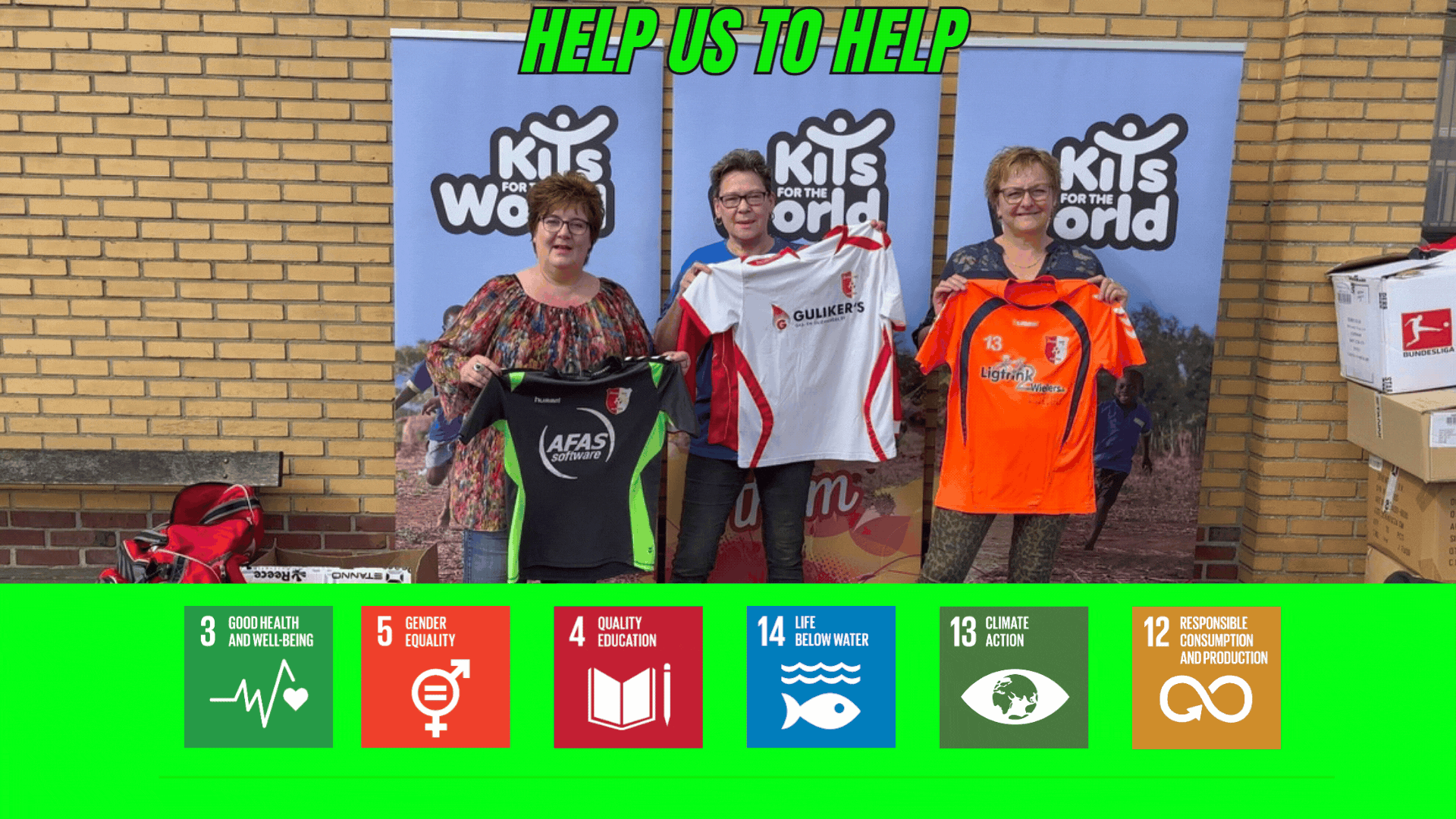 Image of three ladies holding up football kits that have been donated to kits for the world standing in front of the kits for the world banners with boxes of donated fotbball kits to the side of the image. the photo also have infographics of the sdg 3, 5, 4, 14, 13, 12